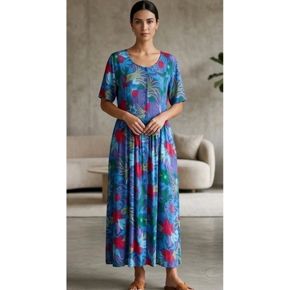 Adini Floral Button Down Maxi Dress Women's L Pleated Cottage Rayon Vacation NWT